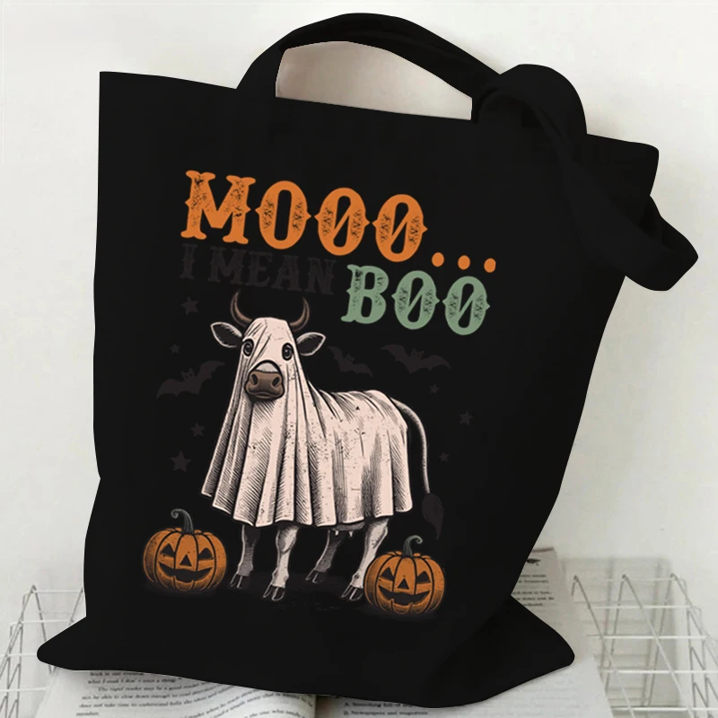 Borse portaoggetti versatili per amanti dei cani Borsa per la spesa in tela unisex con zucca fantasma di Halloween Borse tote da donna di Halloween