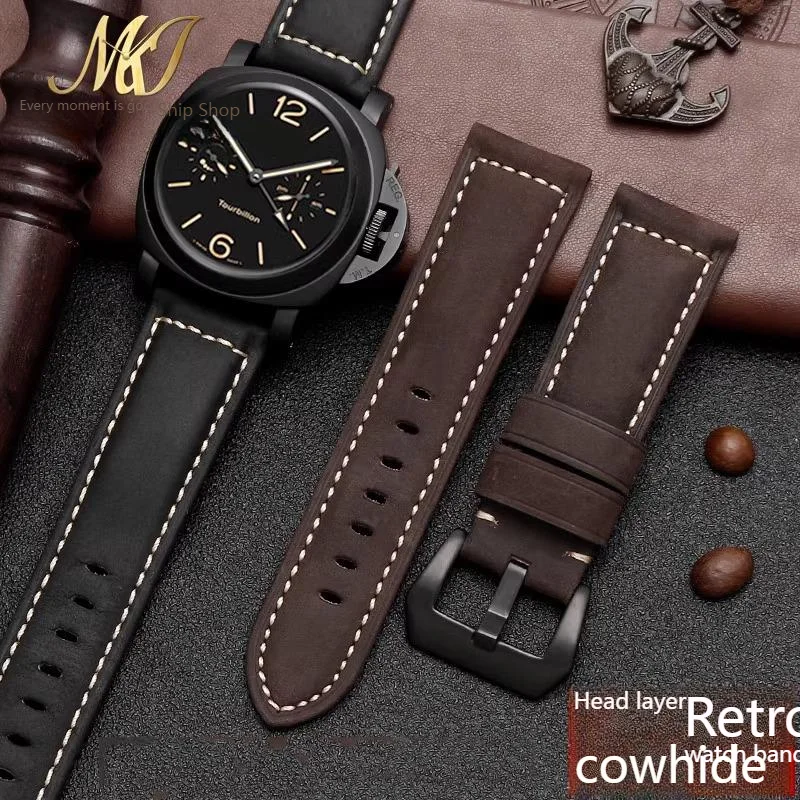 For Panerai watches with genuine cowhide men's frosted handmade retro crazy horse leather watch accessories 20m 22mm 24mm 26mm