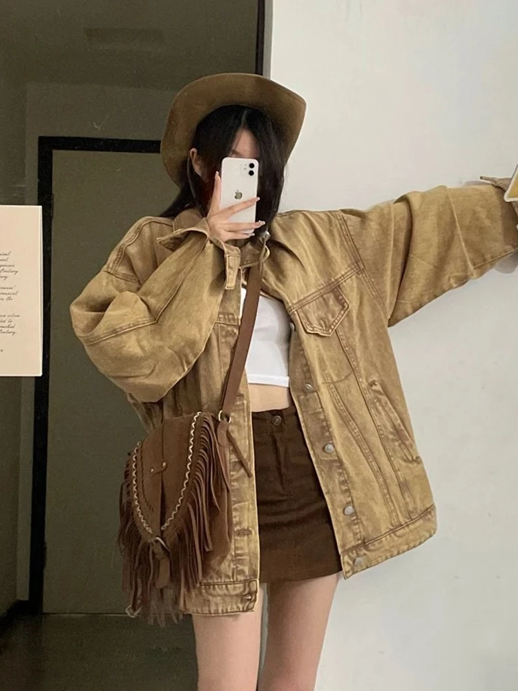 

2023 Spring Coat Women Washed Old Denim Coat Vintage Streetwear Hip Hop Boyfriend Casual Loose American Cowboy Jacket Outerwear