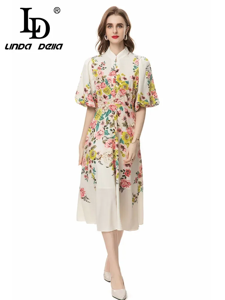 

LD LINDA DELLA Fashion Designer Summer Floral Print Dress Women Puff Sleeve sashes Pearls Single Breasted Mid-Calf Dresses