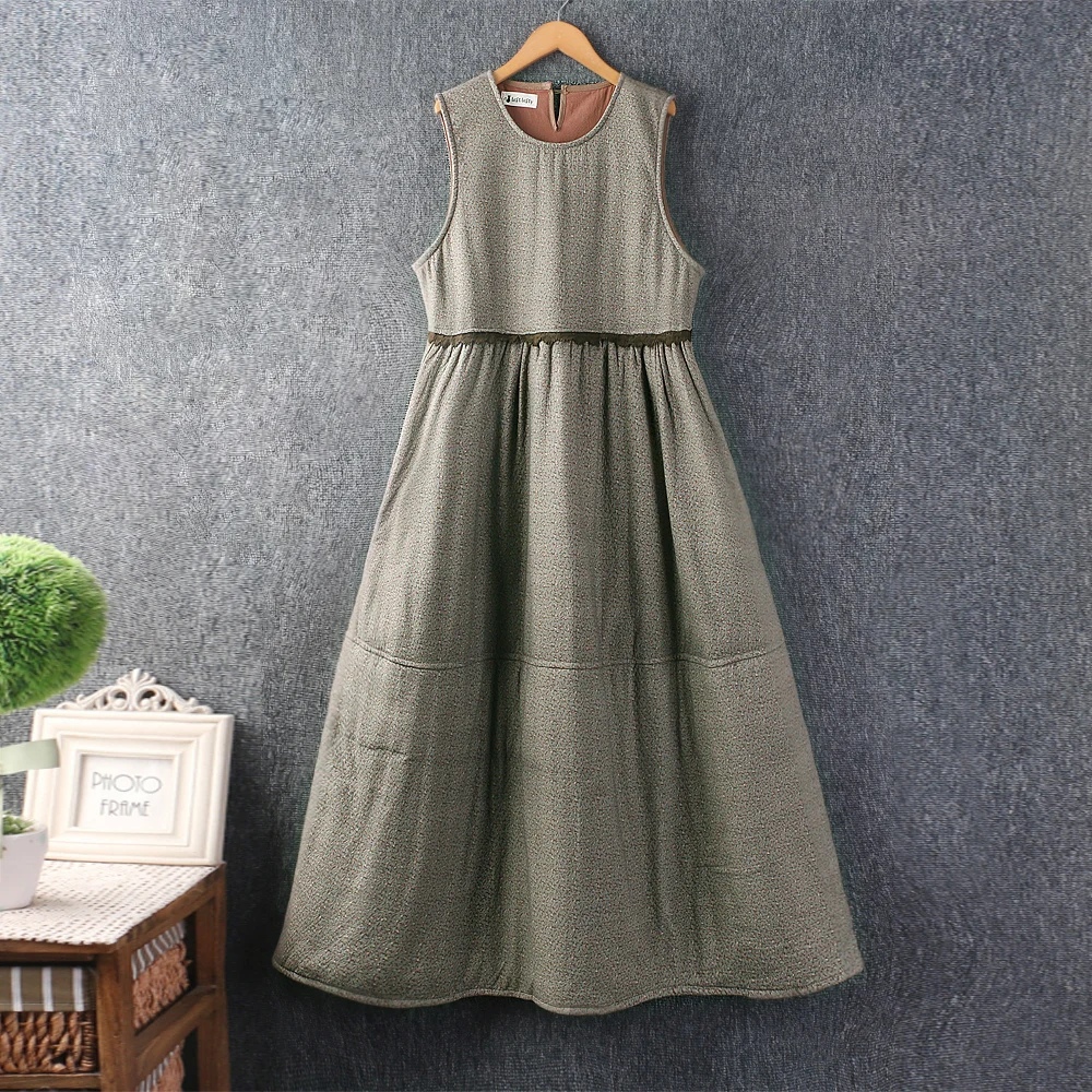 Damska Sukienka Bez Rękawów w Stylu Vintage Mori Girl z Kwiatowym Nadrukiem, Bawełniana, Ocieplana, Jesienno-Zimowa, z Dekoltem O-Neck, Luźna, Retro, Casualowa Sukienka na Ramiączkach