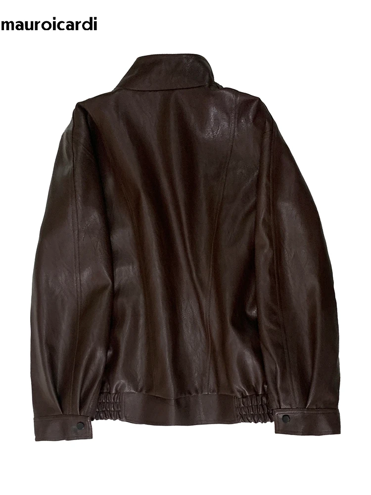 

Nerazzurri Autumn Short Brown Pu Leather Jacket Women Stand Collar Zipper Loose Luxury Designer American Retro Clothes 2025