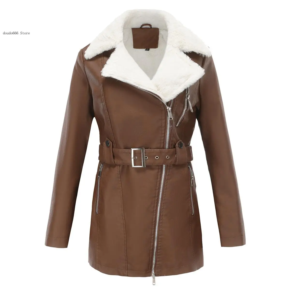 Autumn and Winter Long-Sleeved Fleece-Lined Leather Women\'s Lapel Double-Head Zipper with Belt Warm Jacket