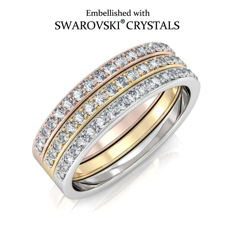 Daisini Thin Ring Set with Swarovski Crystals Stackable Ring Full Eternity Band 3 Colors Gold Plated Pave Rings for Women 5#