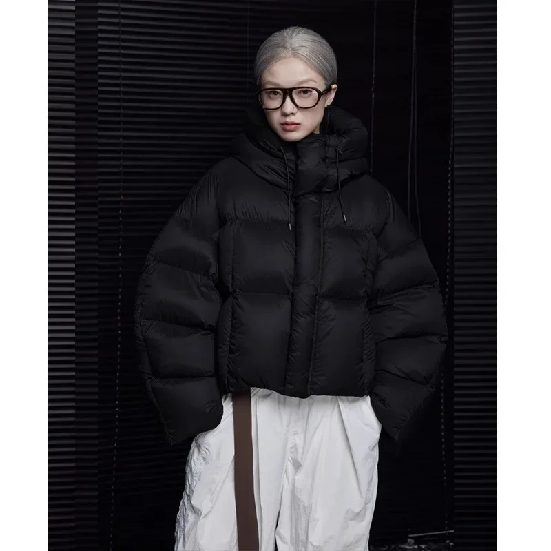 Piumino corto soffice da donna invernale ispessito manica lunga abbottonatura patch disegni design cappotto con cappuccio abbigliamento donna ampio