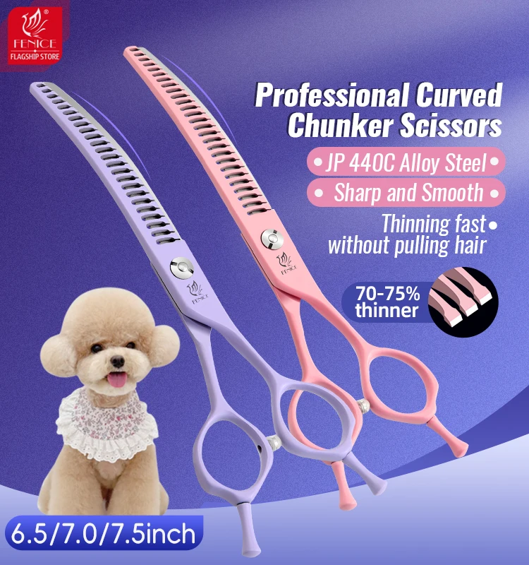 Fenice Dog Beauty Scissors Colorful 6.5/7.0/7.5 inch JP440C Steel Professional Dog Grooming Scissors Curved Chunker Shears Tools