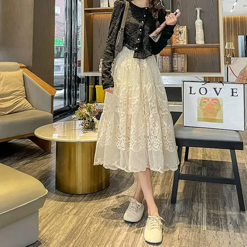 Summer New Embroidered Lace Half Skirt Women Four Seasons Versatile High Waist A-line Medium Long Big Swing Women Clothing