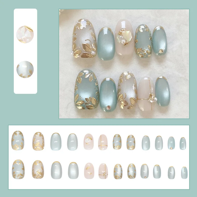 Short fake nails for women 3D golden gilding flowers nude blue cat eyes glossy Oval nail tips full cover press on false nail art