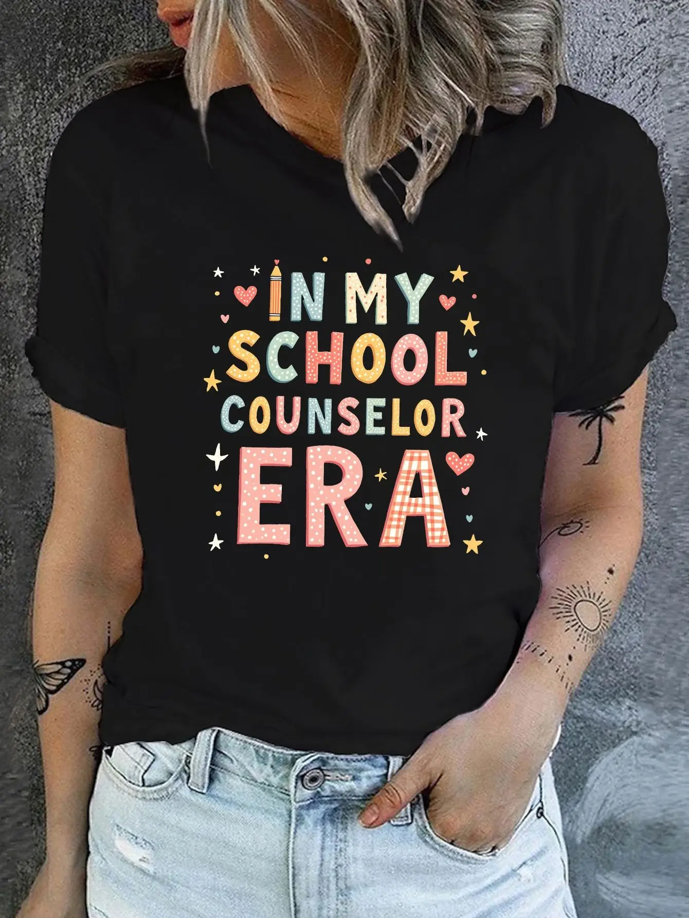 IN MY COUNSELOR ERA Print T-Shirt, Short Sleeve Crew Neck Casual Top for Summer & Spring, Women'S Clothing