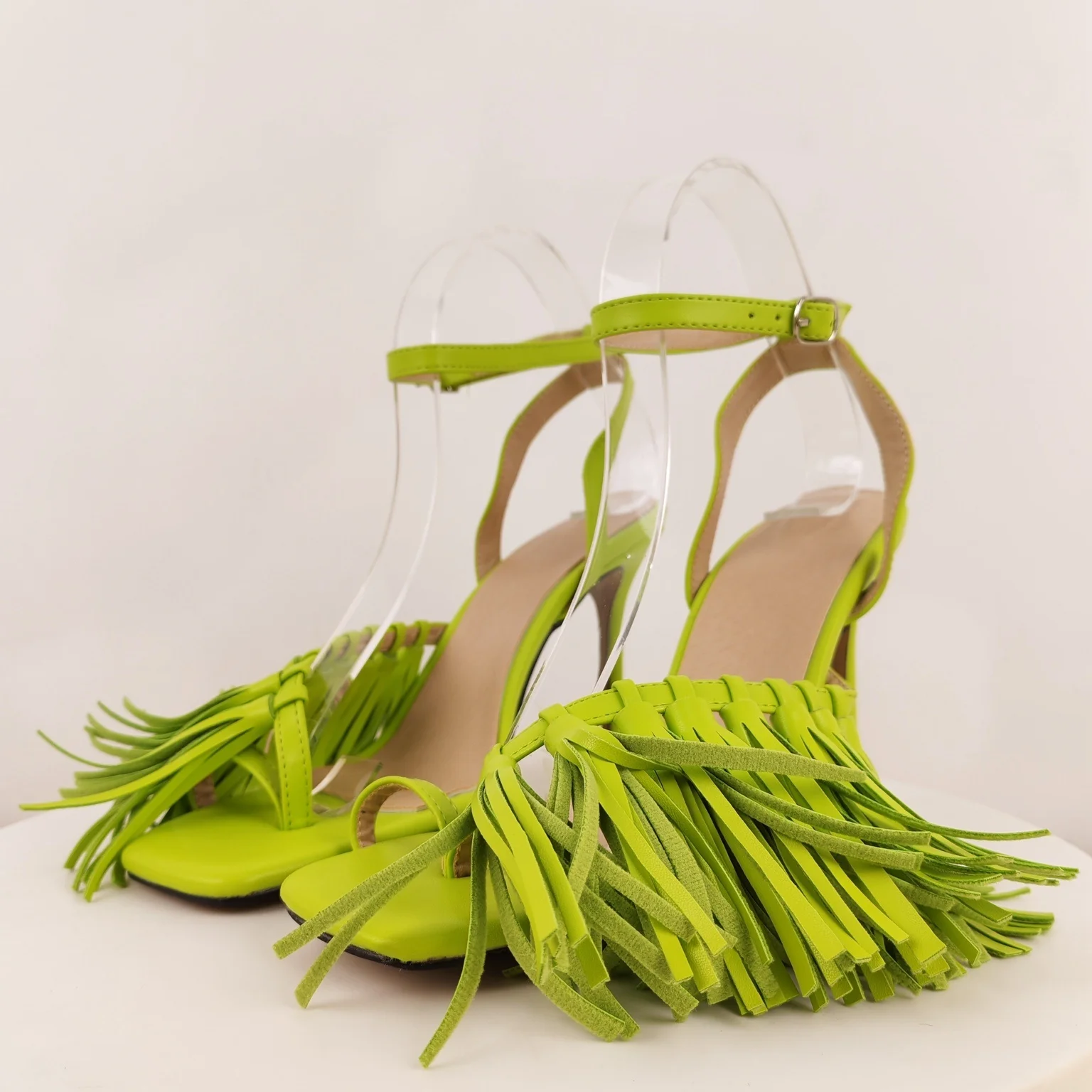 Women's Lime Green Suede Tassel Heeled Sandals Square Open Toe with Ankle Strap Stiletto Heel for Summer Vacations Beach Days view 4