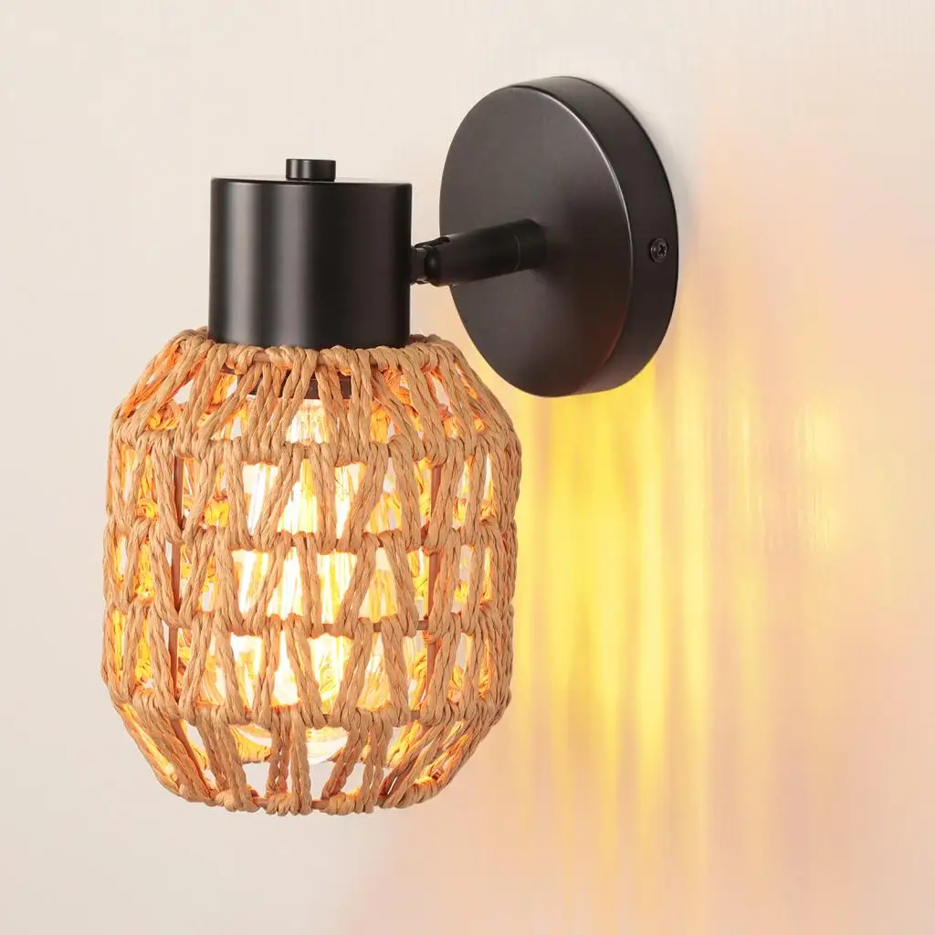 

Hemp Rope Lampshade Woven Wall Sconce Vintage Wood Wall Light Lighting Retro Rattan Bedside Lamp Living Room Bedroom Decor E27