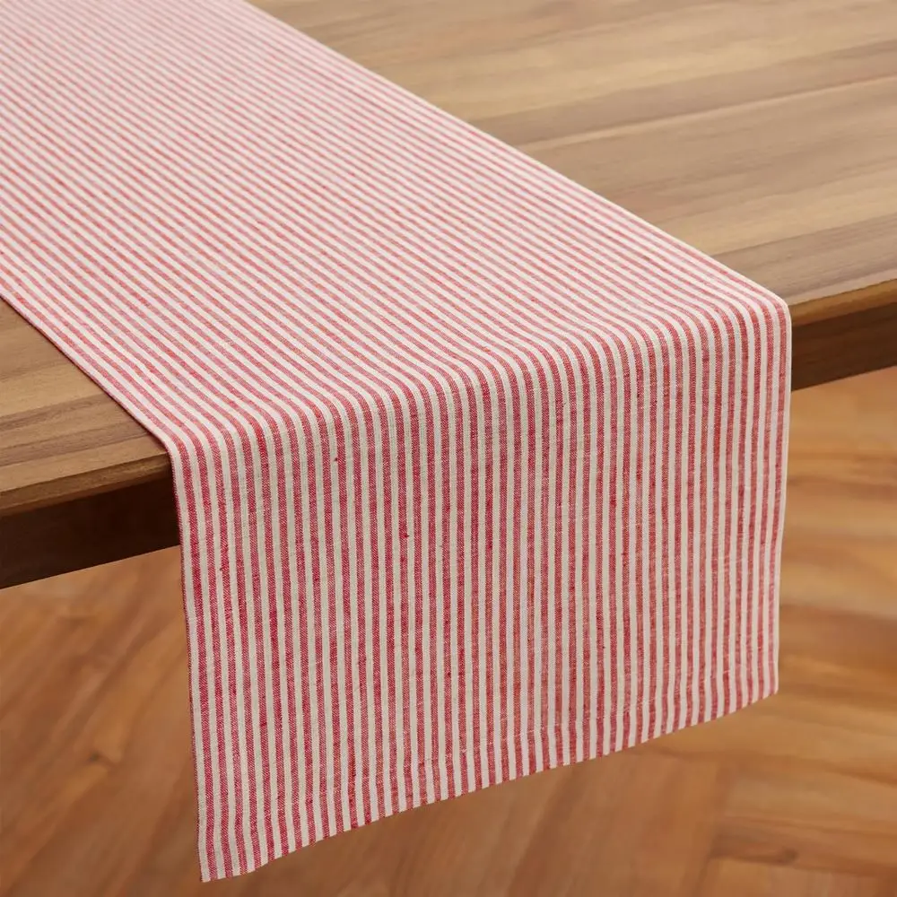 Pure Linen Red & White Striped Table Runner, 14 x 108, Perfect for Christmas & Winter Dining