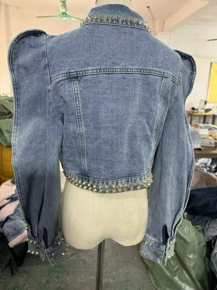 Vintage Blue Irregular Hem Slim Short Denim Jacket Women Spring Autumn Streetwear Lapel Long Sleeve Diamonds Rivet Jeans Coat