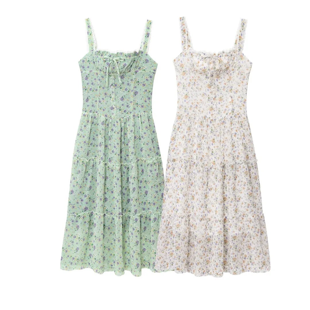 French Floral Print Maxi Dress Women's Sleeveless Square Collar Lace Camisole Long Skirt Sleeveless Suspended Strap Dress