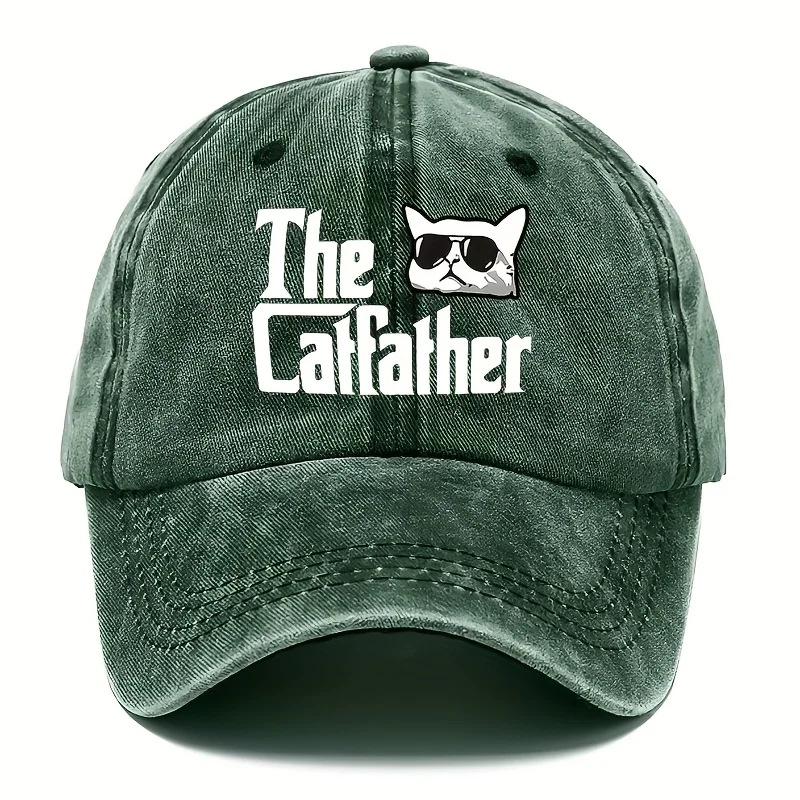 

" The Catfather " Moisture Wicking Cowboy Style Baseball Cap, Funky Cat Theme Print Distressed Cotton Duckbill Hat