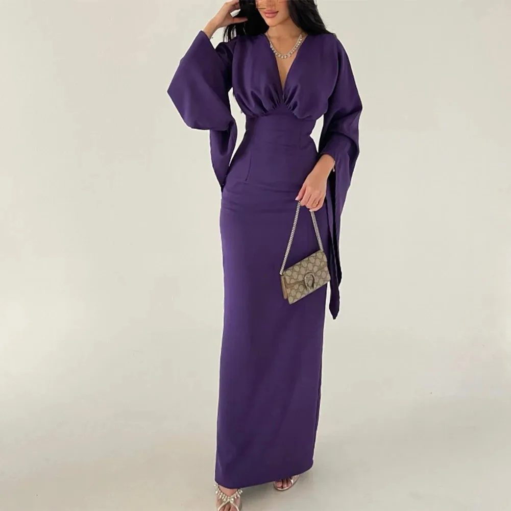 

V Neck Sheath Evening Dresses Long فساتين سهرة مسلمة Long Sleeve Purple Robe de soirée Formal Party Gown for Women