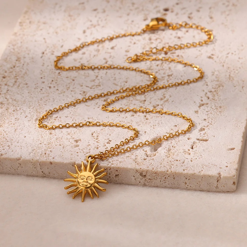 Gold Color Stainless Steel Sun Flower Geometric Necklace for Women Charm Pendant Summer Jewelry Anniversary Gift 2024 New Trendy