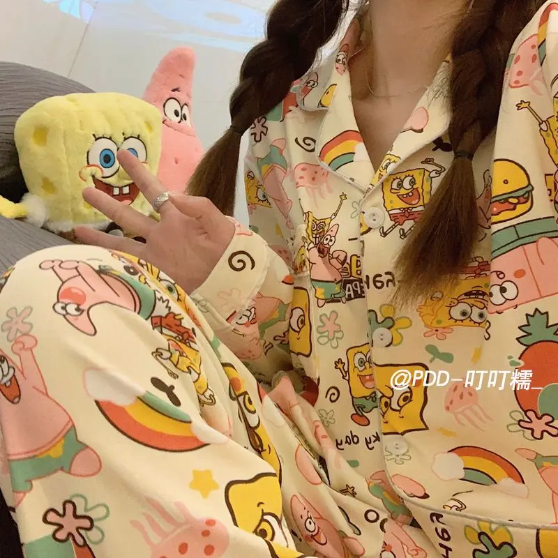 طقم بيجامة SpongeBob SquarePants للسيدات بأكمام طويلة وسراويل صوفية على طراز الرسوم المتحركة ونجمة كبيرة للخريف والشتاء لطيف