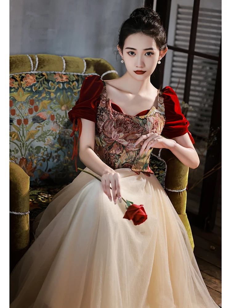 

Ele Velvet Wedding Dr Princ Sle Long Evening Gown for Women Vintage Touch Bridesmaid Dr with Sa Floor Length