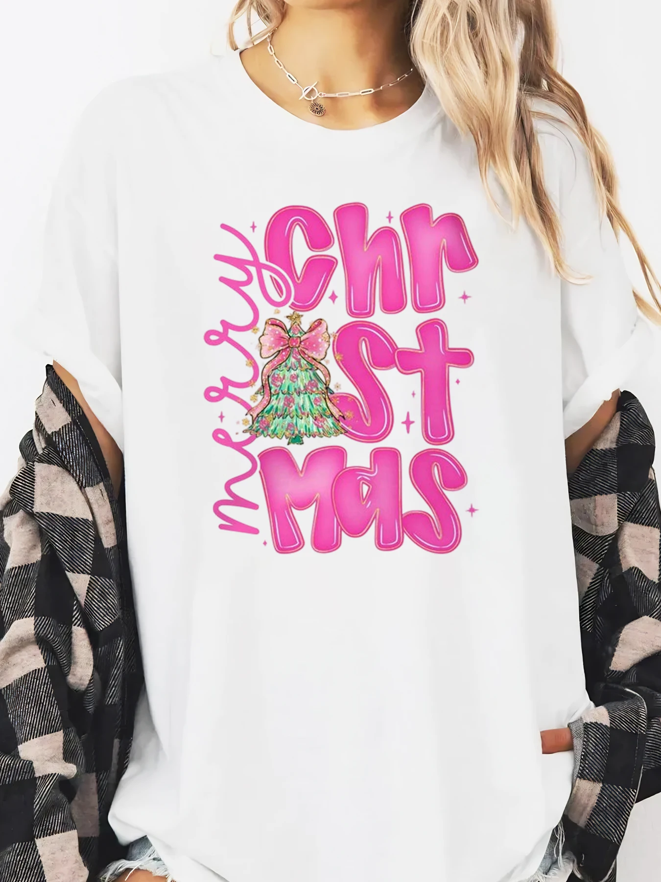 Merry Christmas Tree Print Holiday Long Sleeve T-Shirt Women Casual Party Wear White Plus-size