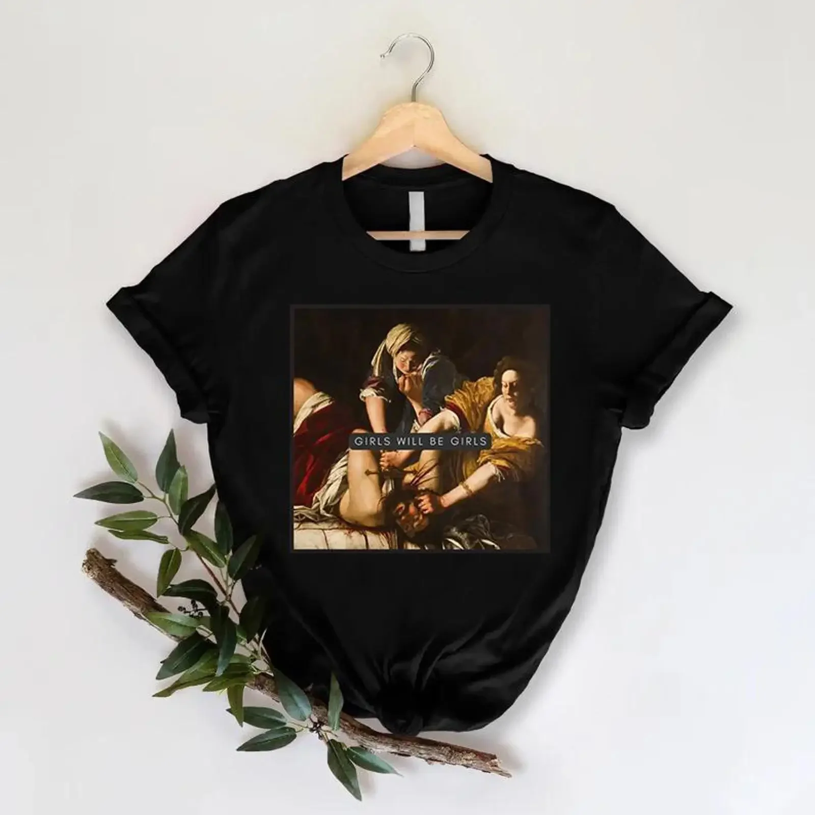 T-shirt « Girls Will Be Judith Beheading Holofernes » – Vêtement féministe amusant, « Girl Power », Droits des femmes, style vintage légèrement délavé