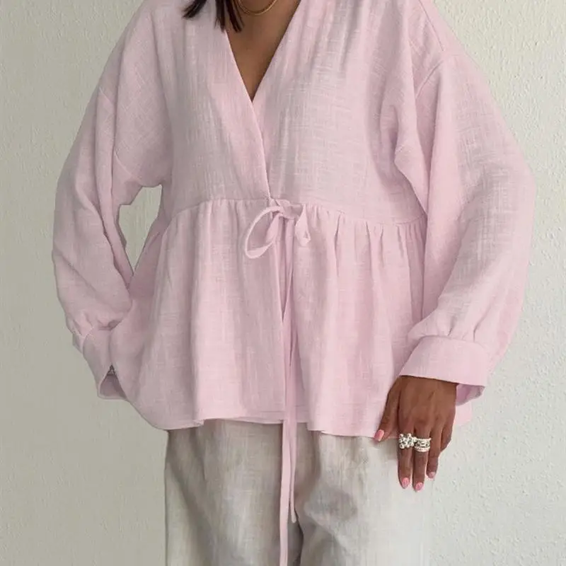 Ele Long Sve irt Avvolgente con lacci Slim Fit da donna irt Pure Color irt Sli Temperamento Longsved irt