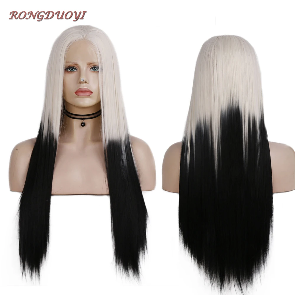 

RONGDUOYI Ombre Platinum Blonde Synthetic Lace Front Wig Ombre Black Middle Part Heat Resistant Fiber Wig For Cosplay Part Wigs