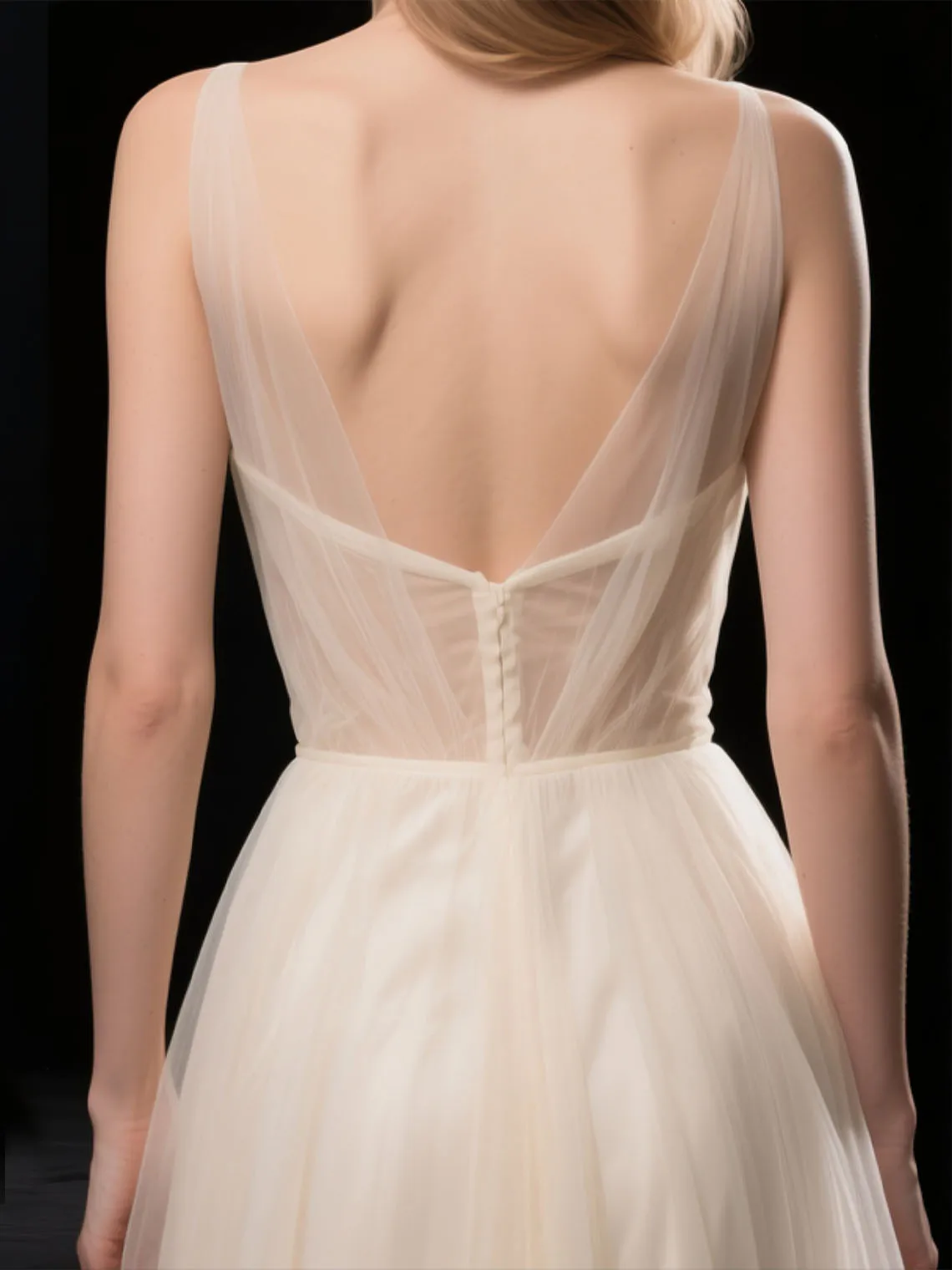 セクシーなAラインVネックノースリーブチュールロングイブニングドレス、ロマンチックなバックレスハイ スリットブライズメイドドレス2025無料カスタマイズ