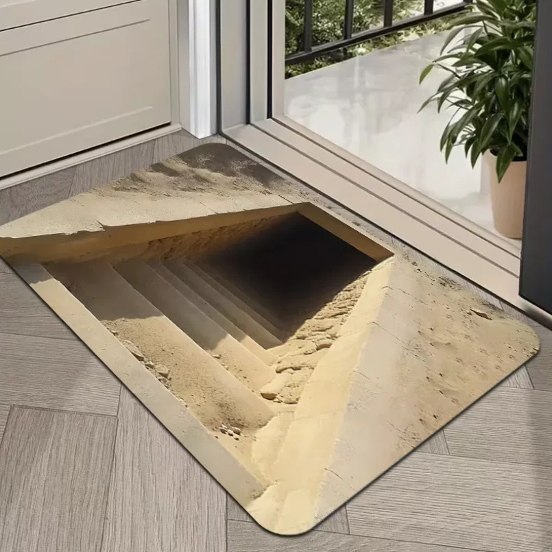 1pc Realistic 2D Stone Steps into Darkness Printed Doormat - Non-Slip, Machine Washable Rectangular Flannel Material Carpets