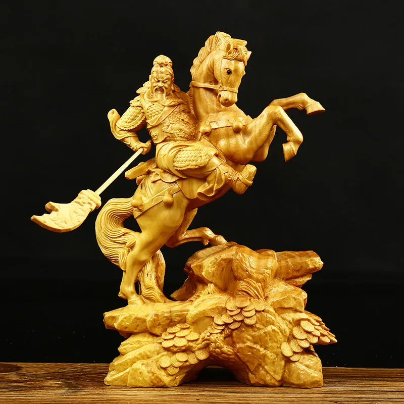 

9.5*5*14cm Handmade Boxwood Carving Chinese Fengshui Riding Guangong Home Putting Ornament Statue