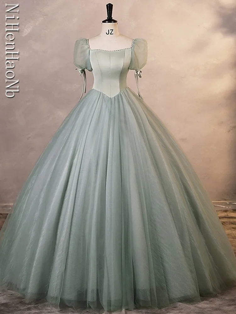 New Green Quinceanera Dresses Tulle Long Prom Dresses Short Sleeves Evening Gowns