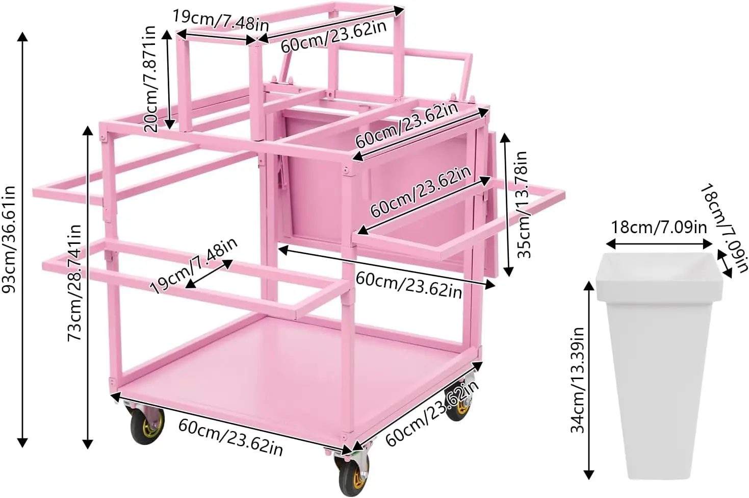Metal Garden Cart Plant Stand with 18pcs Buckets, Slide Out Rolling Flower Display Rack Pink Flower Cart Display Stand with Whee