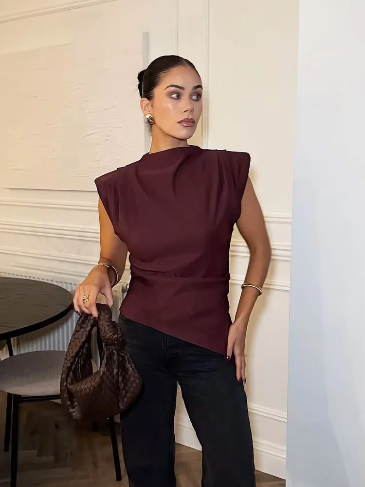 HH Women Elegant Asymmetric Tank Vintage Solid Back Zipper Sleeveless Pleated Chic Lady Tops 2026 Summer High Street T-Shirt