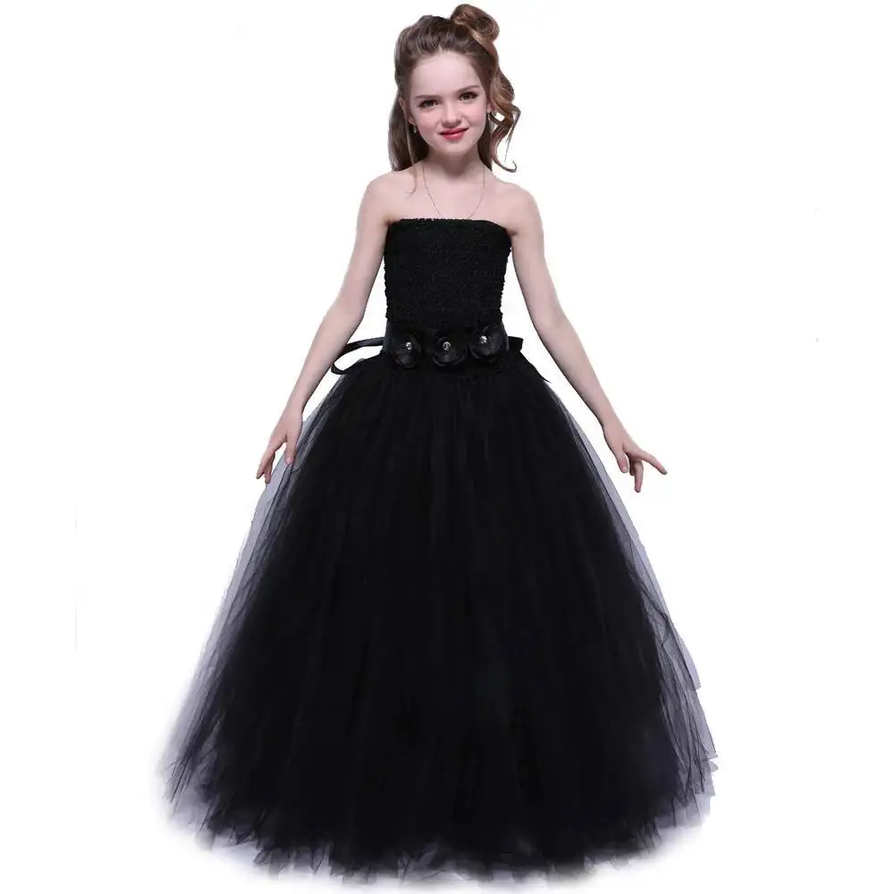 

Girls Black Long Lined Tutu Dress with Flower Belt Kids Full Length Pageant Costumes Halloween Outfit Princess Party Ball Gown