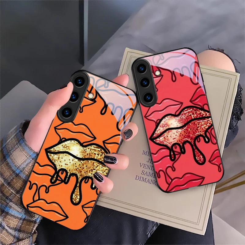 Street lip print graffiti For Samsung Galaxy S24 FE S23 S22 S21 S20 Plus S26 Ultra S25 Edge S25+ S24+ 22+ Black Glass Phone Case