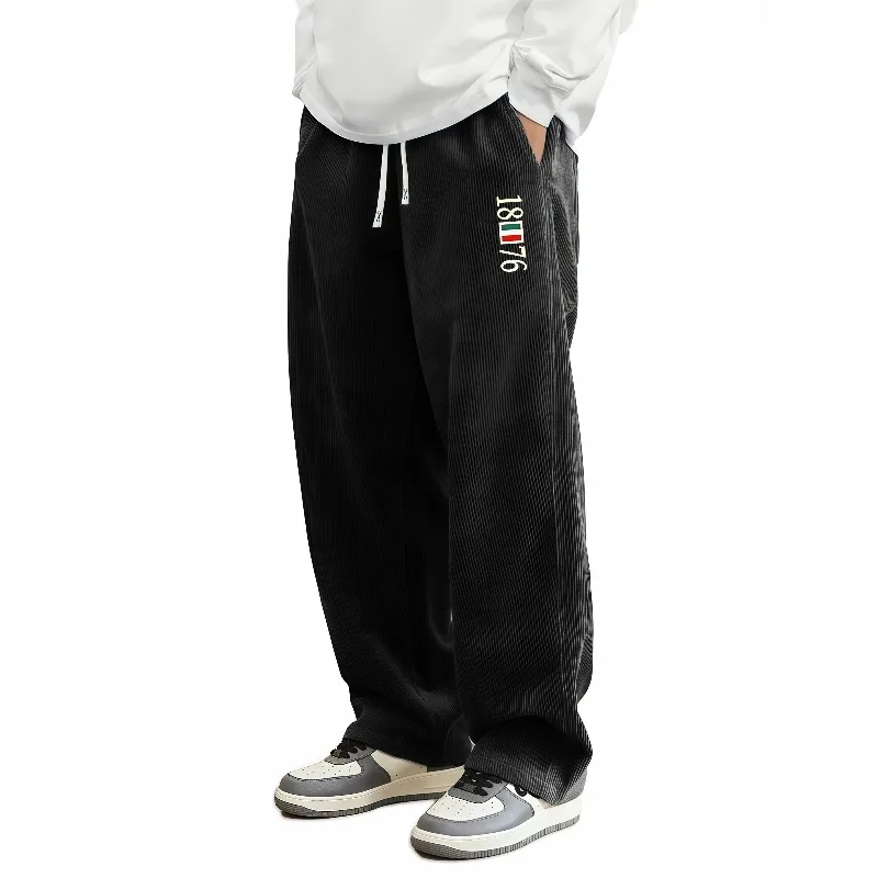 Hot Selling Men Rib Corduroy Wide Leg Trousers 1876 Color Flag Print Elastic Drawstring Casual Pants Daily With Hand Pockets