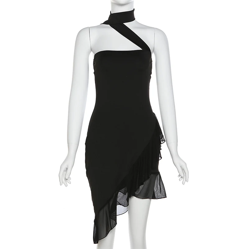 เซ็กซี่ Halter Backless Ruffles Bodycon ชุดมินิเดรสผู้หญิงปิดไหล่สีชมพูพรหม Vestidos 2023ฤดูร้อน Harajuku Lolita Y2K เสื้อผ้า