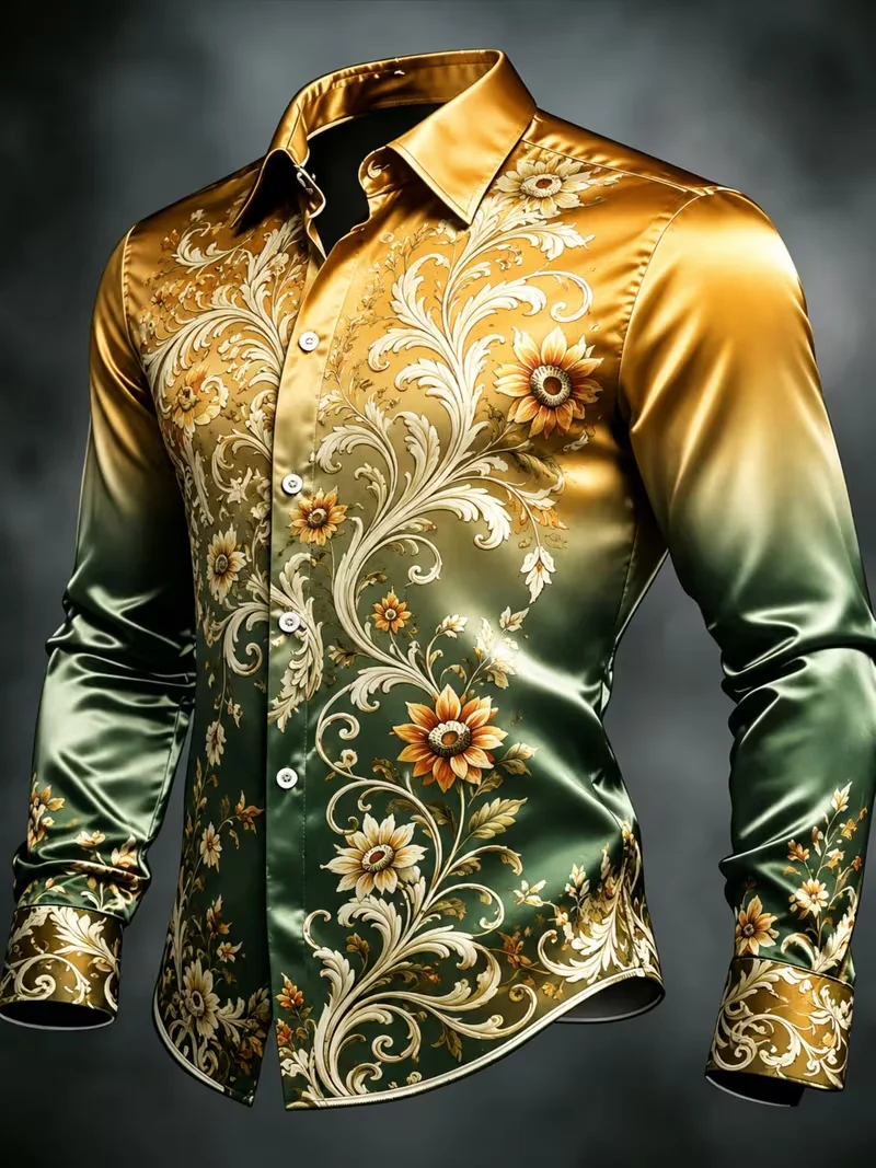 New Sunflower Baroque Curly Grass Gradient Printed Long Sleeve Shirt with Smooth Drop and Satin Collar for Men