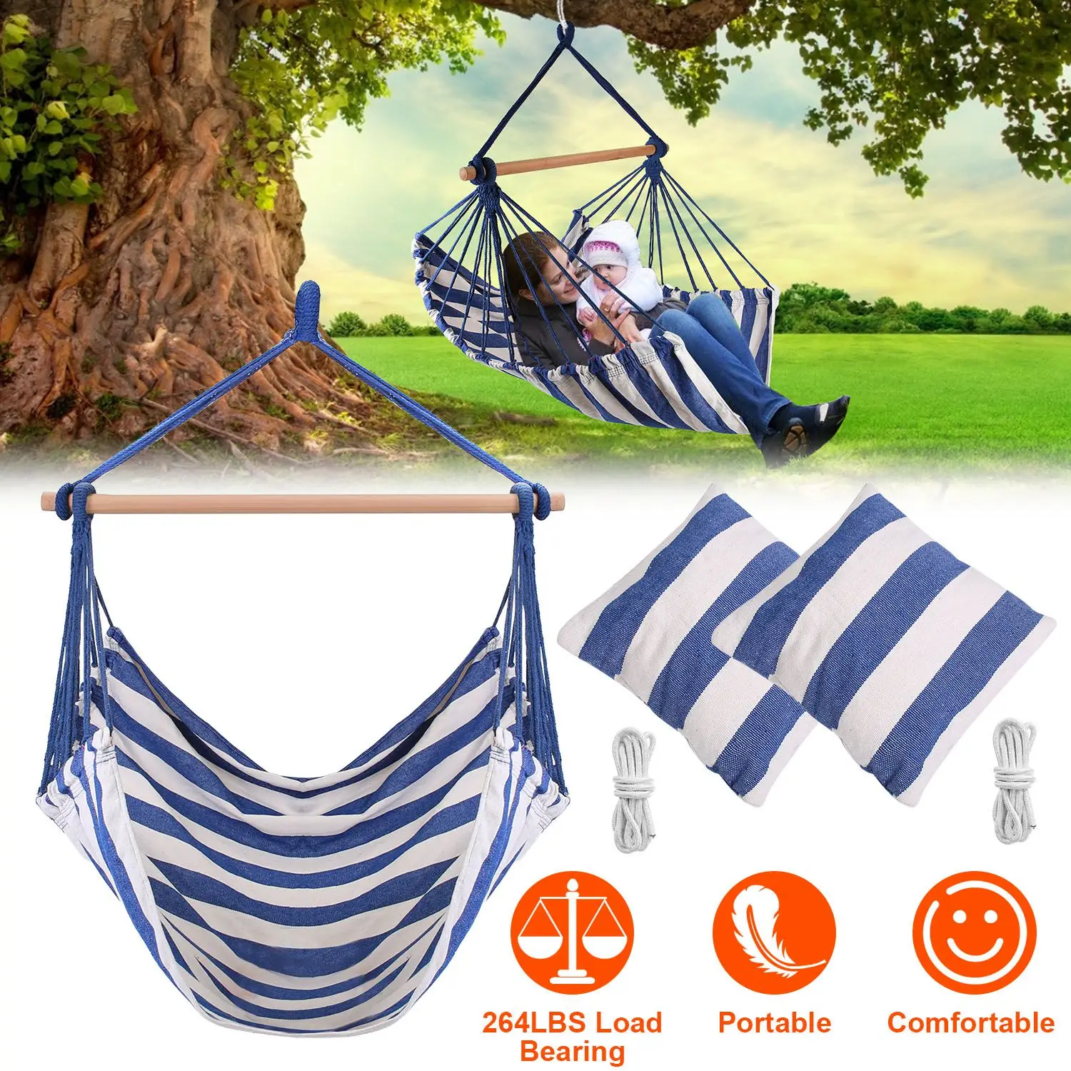 Modern 265LBS Load-bearing Portable Camping Hammock Hanging Chair Canvas Patio Swing Seat with 2 Pillows for Outdoor Porch Use