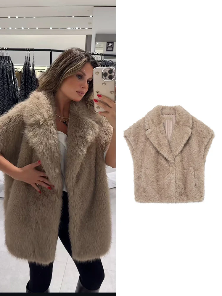 

TFMLN новый женский легкий роскошный меховой жилет пальто модный зимний теплый свободный жилет без рукавов из искусственного меха с лацканами женский шикарный меховой жилет