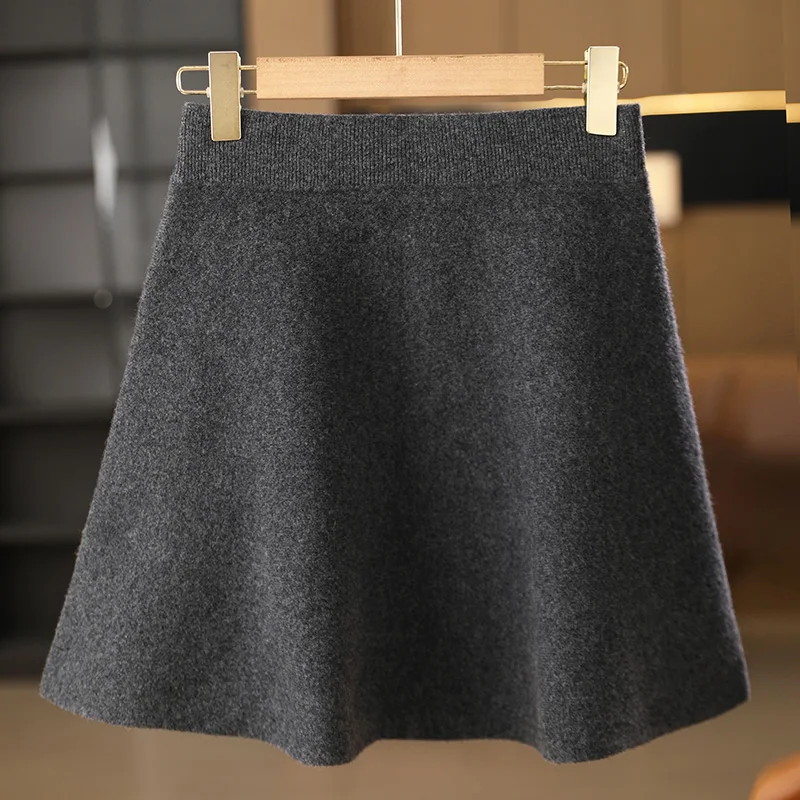 

New Women Wool Skirt Spring Autumn Winter Elastic Waist Mini A-Line Skirt 100% Merino Wool Knitted Above Knee Preppy Style Skirt