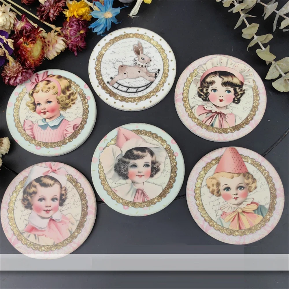 Vintage Ceramic Absorbent Coaster Cute Doll Printed Kitchen Supplies Coaster Dessert Table Decoration Ornament Rotundity Coaster