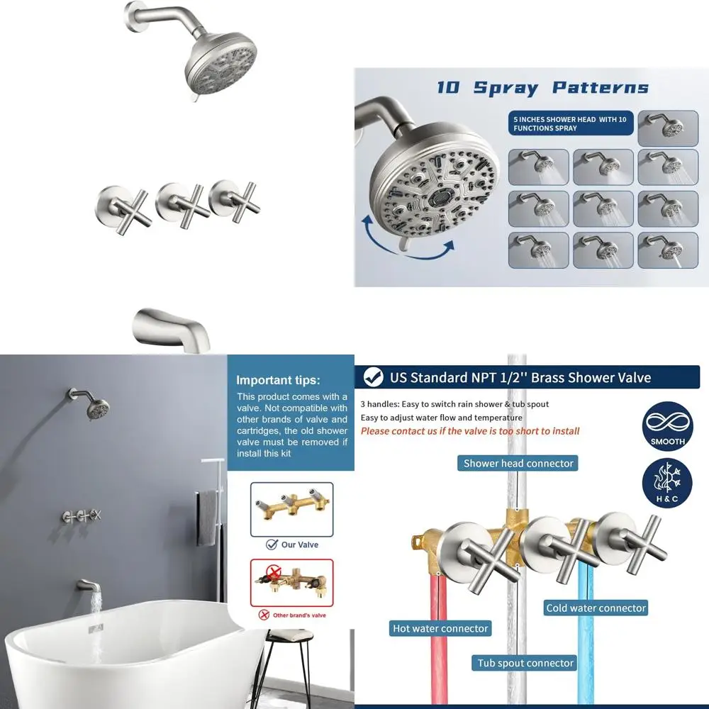 3 Handles Shower Faucet Set with Tub Spout Bathtub Shower Faucets Combo Set Shower System Complete Tub and Shower Trim Kit Brush