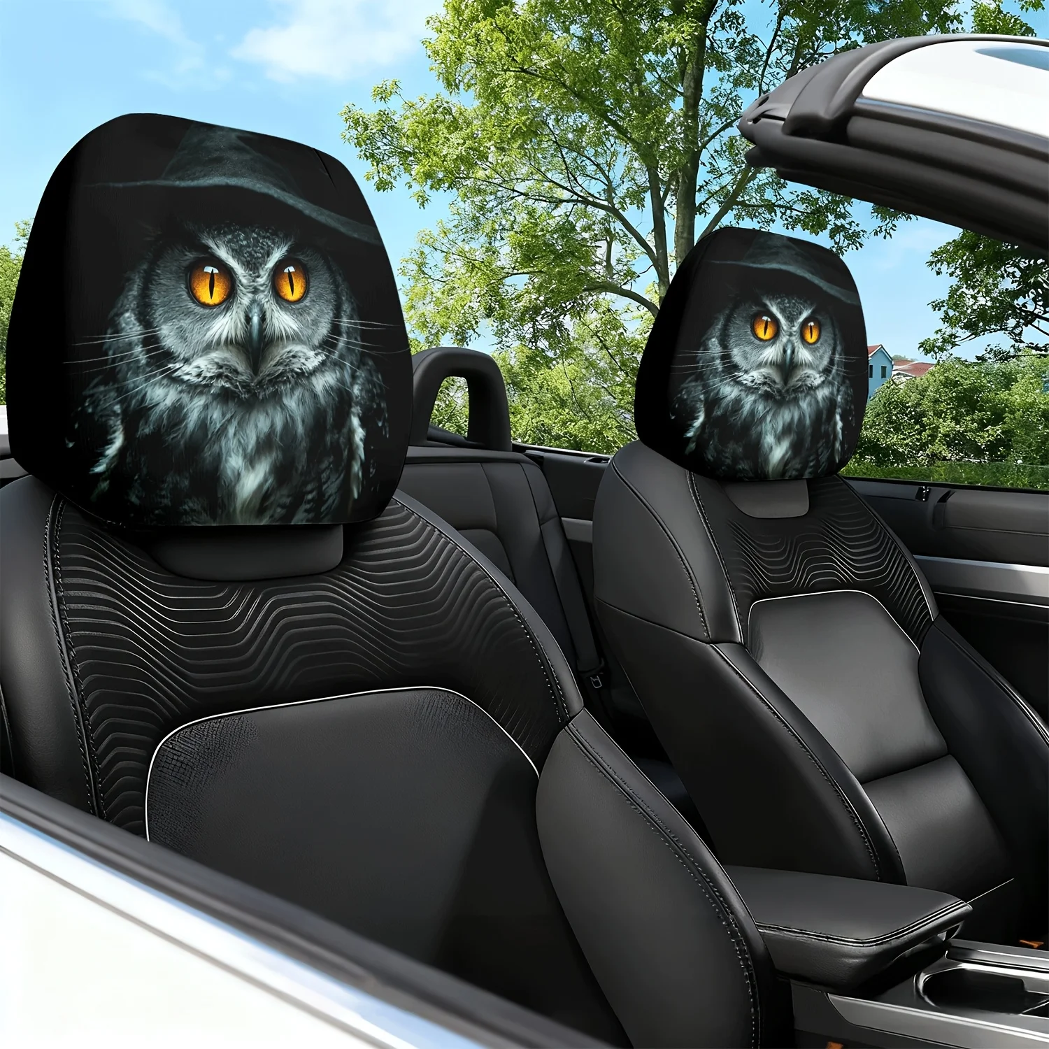 2 coussins de siège de voiture à motif hibou mystérieux : symbole de magie et de sagesse, avec housse de protection pour appui-tête et oreiller de nuque - avec motif mignon