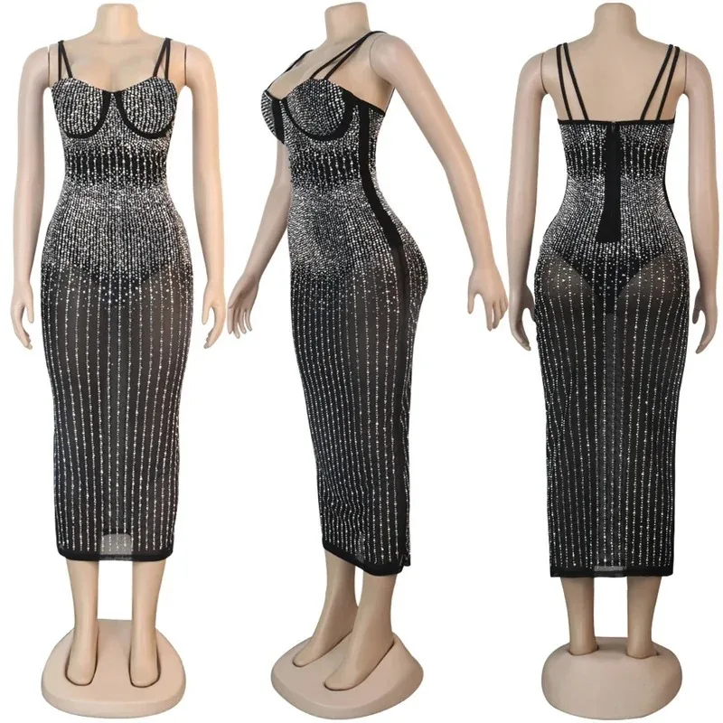 Sexy ver através de strass vestido feminino noite boate festa cinta espaguete sem alças brilhante bodycon midi vestidos aniversário