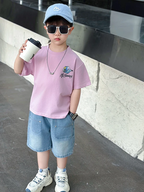 

Boys Summer Denim orts And T-irt Set ort Sve Cool Two-Piece Casual Sportswear for Teenagers White Pink Trendy Street...