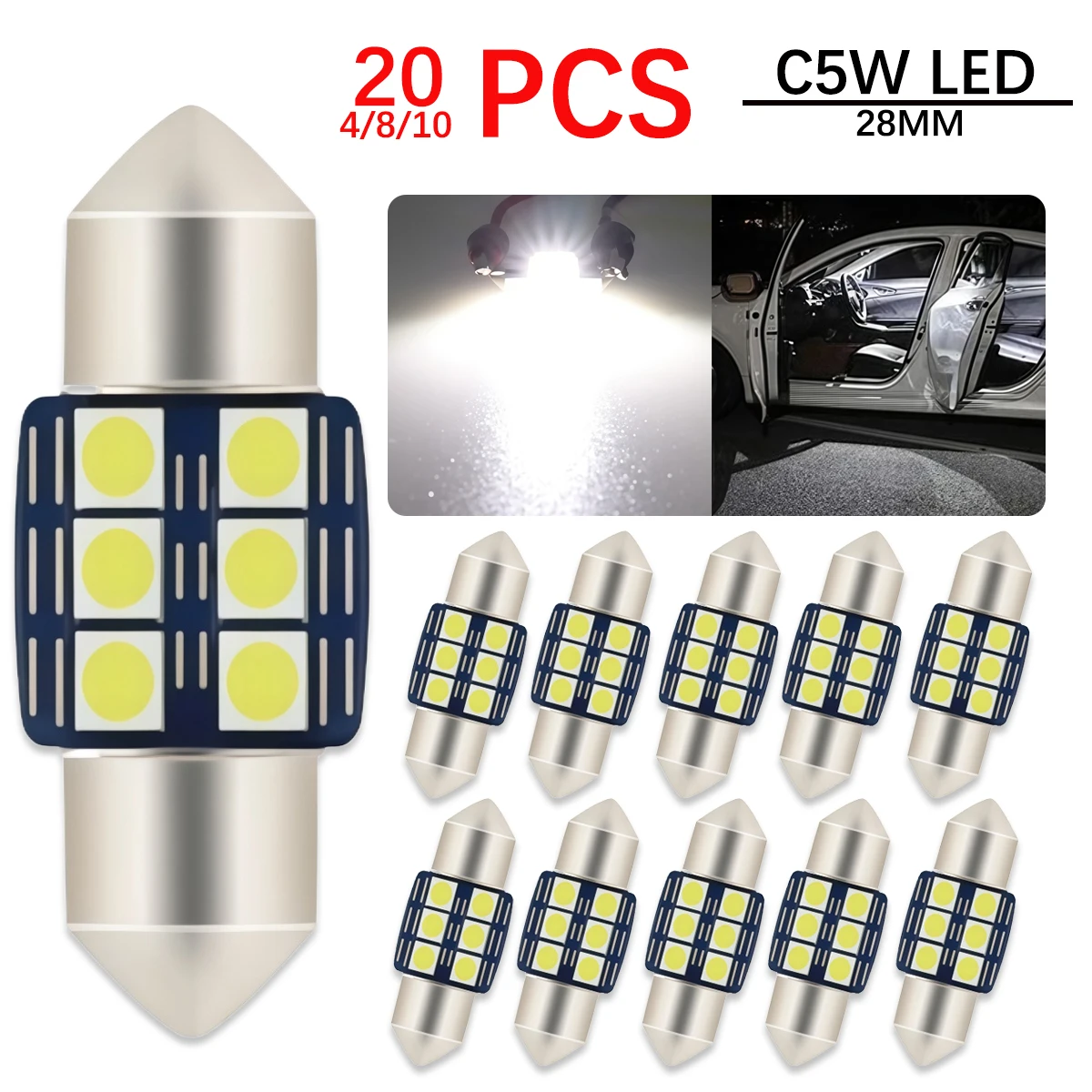 20PCS 28MM Car Accessories LED Light Festoon error free canbus C5W 6 SMD LED 3030 6 SMD Interior Dome Lamp Auto Products