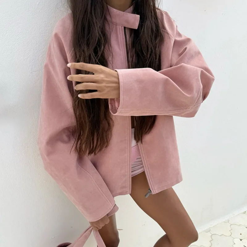 

Talenza Women's Pink Suede Jacket Fashion Retro Autumn Winter Simple Casual Suede Padded Jacket New Streetwear Female Jackets