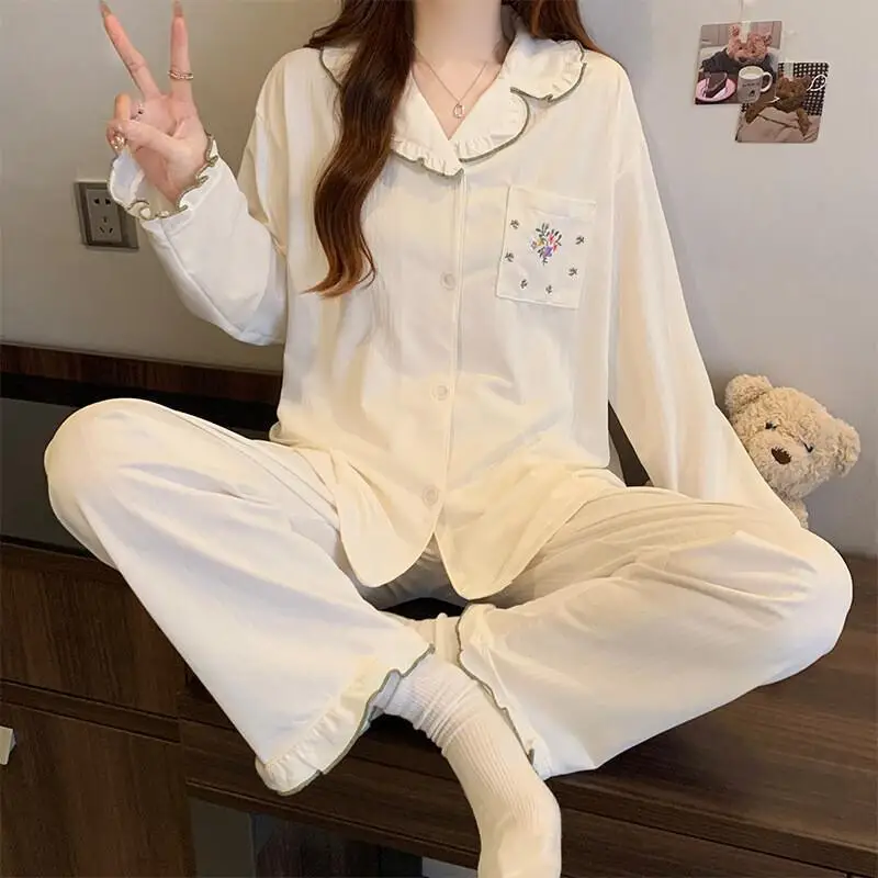 

Fresh floral sleepwear for women in spring and autumn, imitation cotton long sleeved, ruffled edge comfortable home suit set