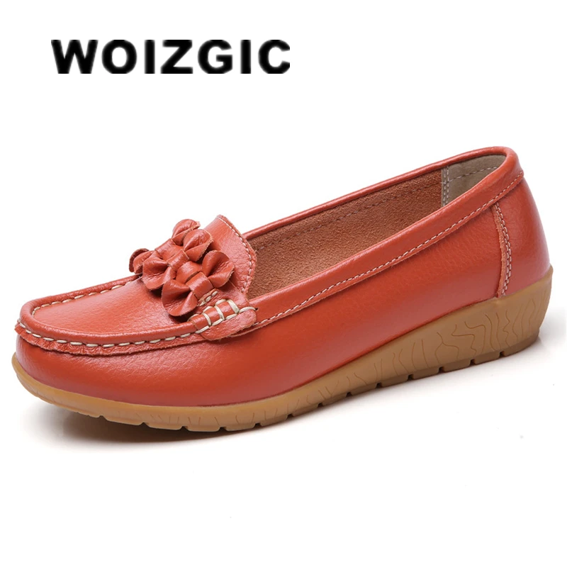 WOIZGIC Women Ladies Female Mother Genuine Leather Shoes Flats Loafers Slip On Breathable Soft Bow Plus Size 41 42 JTS-169